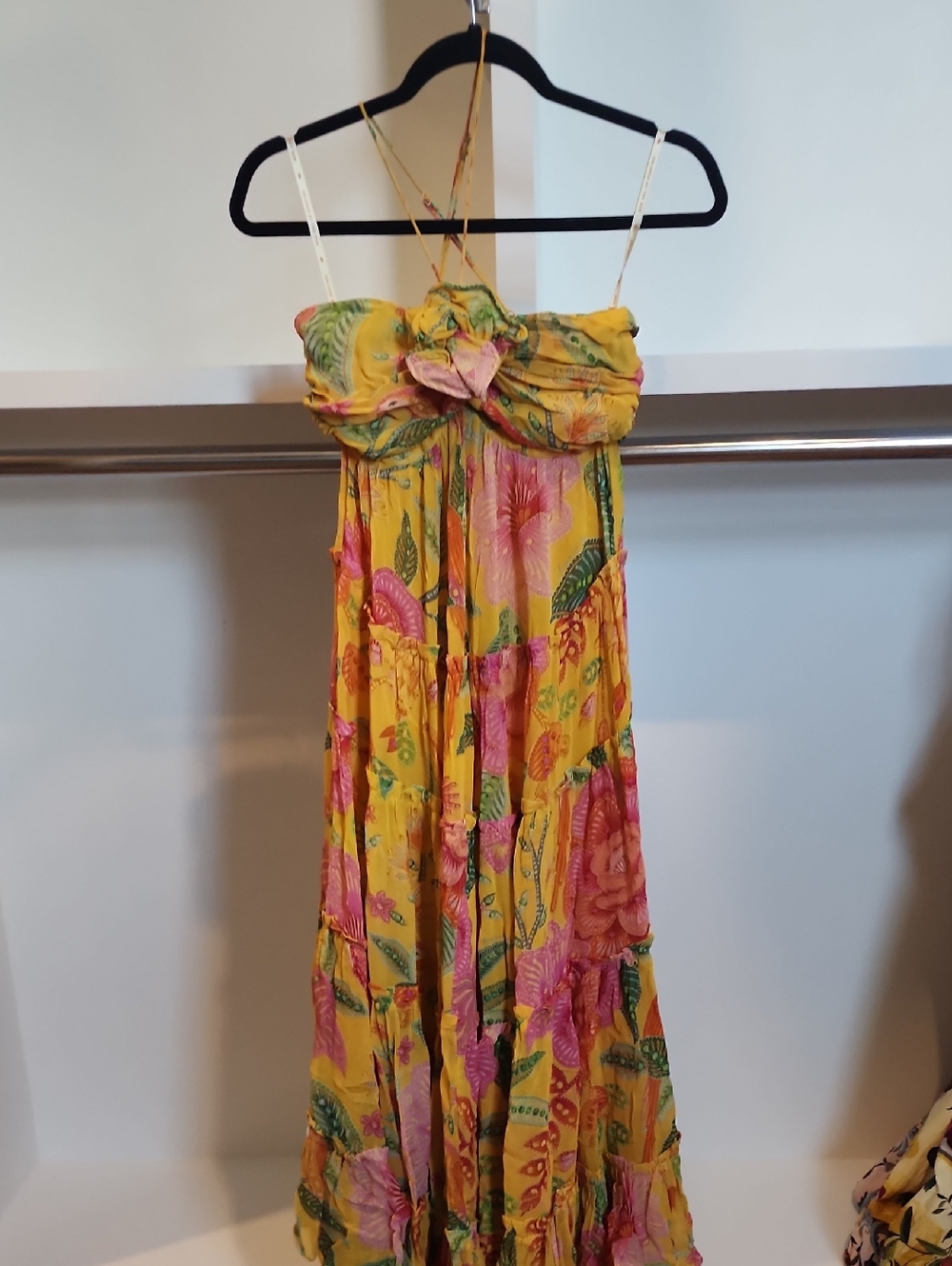 FARM Rio Yellow Floral Backless Sundress with Pink and Green Accents